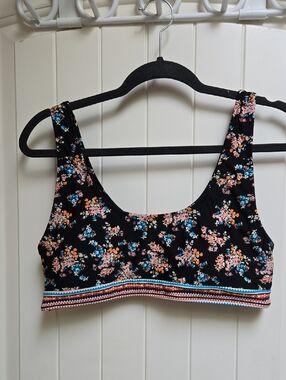 Cupshe XL Black Floral Scoop Swim Top Bralette with Striped Hem